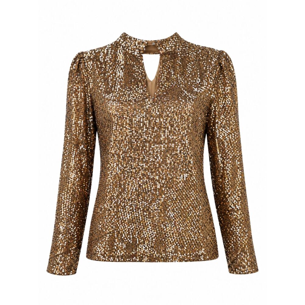 Cable & Gauge Gold Sequin Long Sleeve Blouse Size M Glam Party Top